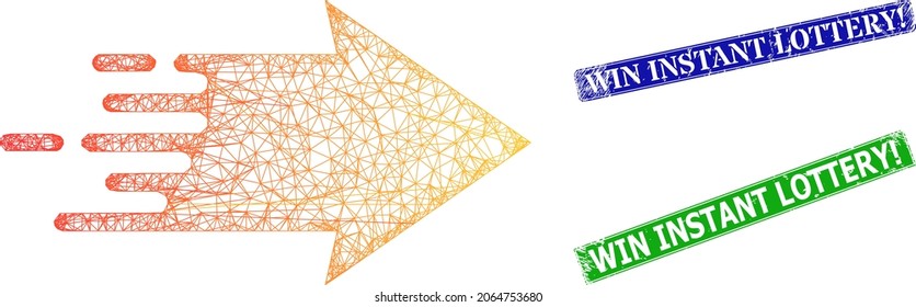 Mesh speed arrow model, and Win Instant Lottery warn blue and green rectangle corroded watermarks. Mesh carcass symbol is created from speed arrow pictogram.