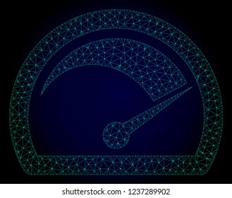 Ilustração poligonal do medidor de velocidade da malha. Linhas de malha abstratas, triângulos e pontos sobre fundo escuro com bitola de velocidade. Rede de linha poligonal 2D em formato vetorial em um plano de fundo azul escuro.