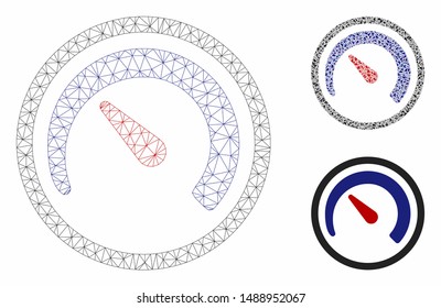 Mesh speedometer model with triangle mosaic icon. Wire carcass triangular mesh of speedometer. Vector collage of triangle elements in variable sizes, and color shades. Abstract 2d mesh speedometer,