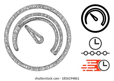 Mesh speedometer polygonal web icon vector illustration. Abstraction is based on speedometer flat icon. Triangle network forms abstract speedometer flat carcass.