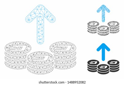 Mesh spend Dash coins model with triangle mosaic icon. Wire frame triangular mesh of spend Dash coins. Vector mosaic of triangle elements in various sizes, and color shades.