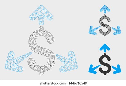 Mesh spend money model with triangle mosaic icon. Wire carcass triangular mesh of spend money. Vector collage of triangle parts in different sizes, and color tinges. Abstract 2d mesh spend money,