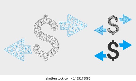 Mesh spend money model with triangle mosaic icon. Wire carcass triangular mesh of spend money. Vector collage of triangle elements in various sizes, and color hues. Abstract flat mesh spend money,