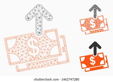 Mesh spend money model with triangle mosaic icon. Wire carcass triangular mesh of spend money. Vector composition of triangle parts in different sizes, and color tinges.