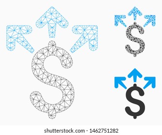 Mesh spend money model with triangle mosaic icon. Wire carcass polygonal mesh of spend money. Vector mosaic of triangle parts in variable sizes, and color tones. Abstract flat mesh spend money,