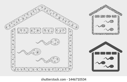 Mesh sperm bank model with triangle mosaic icon. Wire carcass triangular mesh of sperm bank. Vector collage of triangle elements in variable sizes, and color hues. Abstract flat mesh sperm bank,