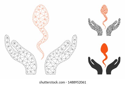 Mesh sperm care hands model with triangle mosaic icon. Wire carcass polygonal network of sperm care hands. Vector mosaic of triangle elements in various sizes, and color tints.