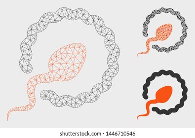 Mesh sperm penetration model with triangle mosaic icon. Wire frame triangular mesh of sperm penetration. Vector mosaic of triangle parts in various sizes, and color hues.