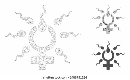 Mesh sperm penetration model with triangle mosaic icon. Wire frame triangular mesh of sperm penetration. Vector composition of triangle elements in different sizes, and color tones.
