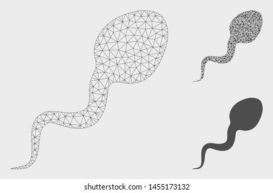 Mesh spermatozoon model with triangle mosaic icon. Wire carcass triangular network of spermatozoon. Vector mosaic of triangles in different sizes, and color tinges. Abstract 2d mesh spermatozoon,