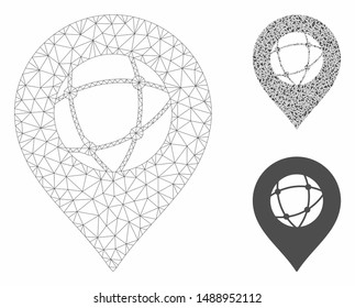 Mesh sphere marker model with triangle mosaic icon. Wire frame polygonal mesh of sphere marker. Vector collage of triangle parts in various sizes, and color hues. Abstract 2d mesh sphere marker,