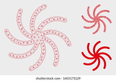 Mesh spiral model with triangle mosaic icon. Wire carcass triangular mesh of spiral. Vector composition of triangle elements in variable sizes, and color tints. Abstract flat mesh spiral,