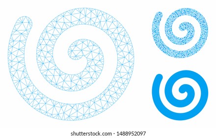 Mesh spiral model with triangle mosaic icon. Wire carcass triangular mesh of spiral. Vector mosaic of triangle elements in different sizes, and color tinges. Abstract flat mesh spiral,