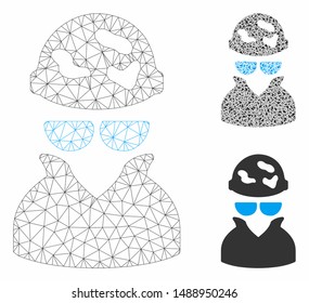 Mesh spotted spy model with triangle mosaic icon. Wire frame triangular network of spotted spy. Vector mosaic of triangle elements in various sizes, and color tinges. Abstract flat mesh spotted spy,
