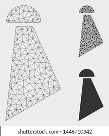 Mesh spray model with triangle mosaic icon. Wire frame polygonal mesh of spray. Vector mosaic of triangle elements in various sizes, and color tones. Abstract 2d mesh spray, built from polygonal grid.