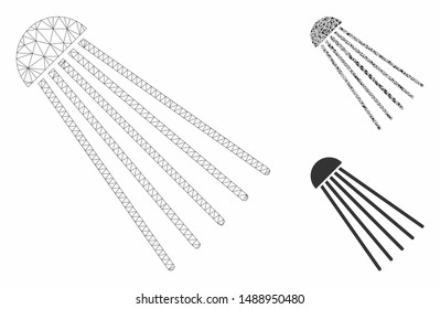 Mesh spray source model with triangle mosaic icon. Wire frame triangular mesh of spray source. Vector mosaic of triangle elements in various sizes, and color shades. Abstract flat mesh spray source,