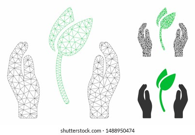 Mesh sprout care hands model with triangle mosaic icon. Wire frame polygonal mesh of sprout care hands. Vector composition of triangle elements in variable sizes, and color shades.