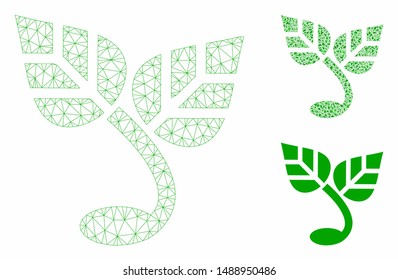 Mesh sprout model with triangle mosaic icon. Wire carcass triangular mesh of sprout. Vector mosaic of triangle elements in various sizes, and color tinges. Abstract 2d mesh sprout,