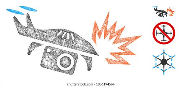 Mesh spy drone explosion polygonal web symbol vector illustration. Model is based on spy drone explosion flat icon. Triangular mesh forms abstract spy drone explosion flat model.
