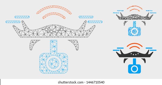 Mesh spy drone model with triangle mosaic icon. Wire carcass polygonal mesh of spy drone. Vector mosaic of triangle parts in various sizes, and color tints. Abstract flat mesh spy drone,