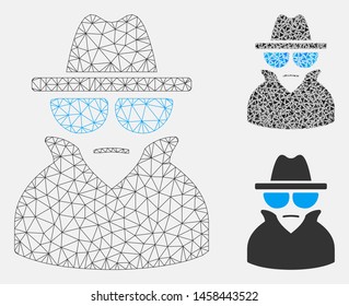 Mesh spy model with triangle mosaic icon. Wire frame triangular mesh of spy. Vector mosaic of triangle parts in variable sizes, and color tints. Abstract 2d mesh spy, built from triangular grid.