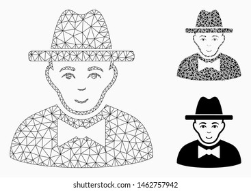 Mesh spy model with triangle mosaic icon. Wire carcass polygonal mesh of spy. Vector mosaic of triangle elements in variable sizes, and color tints. Abstract flat mesh spy,