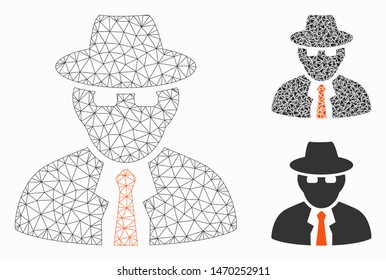 Mesh spy model with triangle mosaic icon. Wire frame polygonal mesh of spy. Vector mosaic of triangle elements in different sizes, and color tinges. Abstract 2d mesh spy, created from polygonal grid.