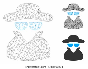 Mesh spy model with triangle mosaic icon. Wire carcass polygonal mesh of spy. Vector mosaic of triangles in variable sizes, and color hues. Abstract flat mesh spy, designed with triangles.