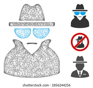 Mesh spy polygonal web 2d vector illustration. Carcass model is based on spy flat icon. Triangle mesh forms abstract spy flat model. wireframe 2D polygonal web network isolated on a white background.