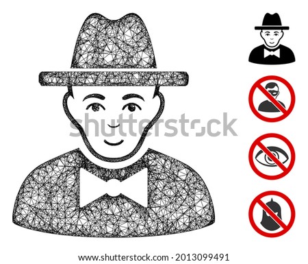 Mesh spy web 2d vector illustration. Carcass model is based on spy flat icon. Mesh forms abstract spy flat carcass. wireframe 2D web network isolated on a white background. Bonus icons are added.