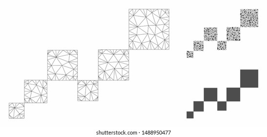 Mesh square blockchain model with triangle mosaic icon. Wire frame triangular mesh of square blockchain. Vector mosaic of triangle parts in variable sizes, and color hues.