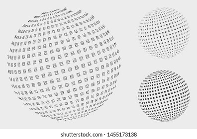 Mesh square dotted abstract sphere model with triangle mosaic icon. Wire carcass triangular mesh of square dotted abstract sphere. Vector mosaic of triangle parts in different sizes, and color tints.