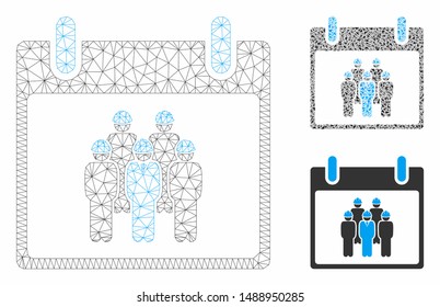 Mesh staff calendar day model with triangle mosaic icon. Wire frame triangular mesh of staff calendar day. Vector mosaic of triangle elements in different sizes, and color tones.