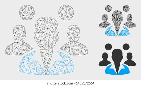 Mesh staff model with triangle mosaic icon. Wire carcass triangular mesh of staff. Vector composition of triangle elements in variable sizes, and color shades. Abstract 2d mesh staff,