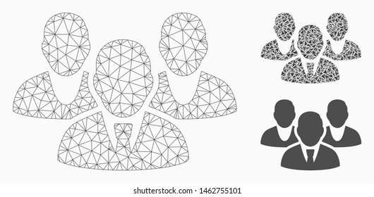 Mesh staff model with triangle mosaic icon. Wire frame polygonal mesh of staff. Vector mosaic of triangle elements in variable sizes, and color tones. Abstract 2d mesh staff,
