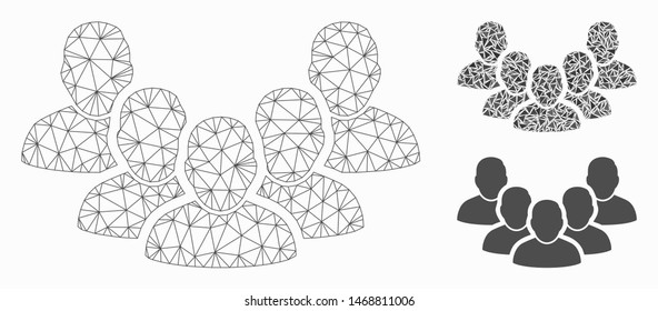 Mesh staff model with triangle mosaic icon. Wire carcass triangular network of staff. Vector composition of triangle parts in different sizes, and color tones. Abstract flat mesh staff,