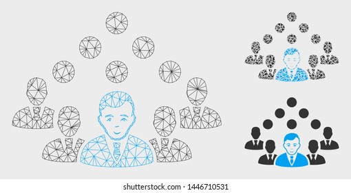 Mesh staff team model with triangle mosaic icon. Wire frame triangular mesh of staff team. Vector collage of triangle elements in various sizes, and color shades. Abstract 2d mesh staff team,