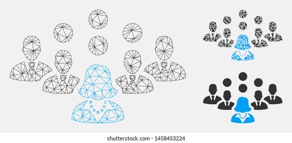 Mesh staff team model with triangle mosaic icon. Wire frame polygonal network of staff team. Vector mosaic of triangle parts in different sizes, and color tinges. Abstract 2d mesh staff team,