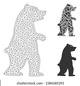 Mesh standing bear model with triangle mosaic icon. Wire carcass triangular mesh of standing bear. Vector mosaic of triangle elements in different sizes, and color tints.