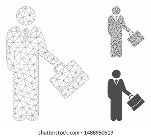 Mesh standing businessman model with triangle mosaic icon. Wire carcass triangular mesh of standing businessman. Vector collage of triangle parts in different sizes, and color tints.