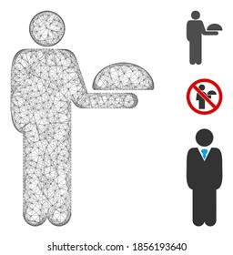 Mesh standing waiter polygonal web 2d vector illustration. Carcass model is based on standing waiter flat icon. Triangle network forms abstract standing waiter flat carcass.