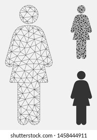 Mesh standing woman model with triangle mosaic icon. Wire frame polygonal mesh of standing woman. Vector mosaic of triangle elements in variable sizes, and color shades.