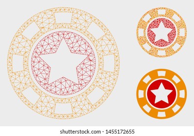 Mesh star casino chip model with triangle mosaic icon. Wire carcass polygonal mesh of star casino chip. Vector mosaic of triangle parts in various sizes, and color tinges.