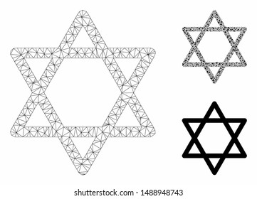 Mesh star of David model with triangle mosaic icon. Wire frame polygonal mesh of star of David. Vector composition of triangle elements in different sizes, and color tints.
