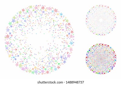 Mesh star fireworks sphere model with triangle mosaic icon. Wire frame triangular mesh of star fireworks sphere. Vector mosaic of triangle parts in variable sizes, and color shades.