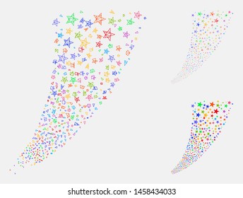 Mesh star fountain model with triangle mosaic icon. Wire carcass polygonal mesh of star fountain. Vector composition of triangle elements in various sizes, and color hues.