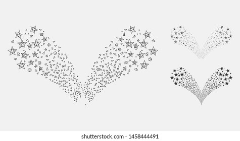 Mesh star fountain model with triangle mosaic icon. Wire carcass triangular mesh of star fountain. Vector mosaic of triangle parts in variable sizes, and color tints. Abstract flat mesh star fountain,
