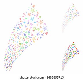Mesh star fountain model with triangle mosaic icon. Wire frame triangular mesh of star fountain. Vector mosaic of triangles in variable sizes, and color tinges. Abstract 2d mesh star fountain,