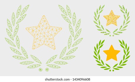 Mesh star glory wreath model with triangle mosaic icon. Wire frame triangular mesh of star glory wreath. Vector mosaic of triangle parts in different sizes, and color tints.