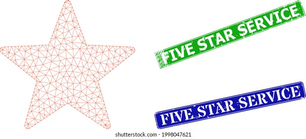 Mesh star image, and Five Star Service blue and green rectangular unclean stamp seals. Polygonal wireframe image designed with star pictogram.